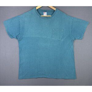 Vintage 90's Hanes Blank Pocket Shirt Teal Single Stitch Fade Design Streetwear